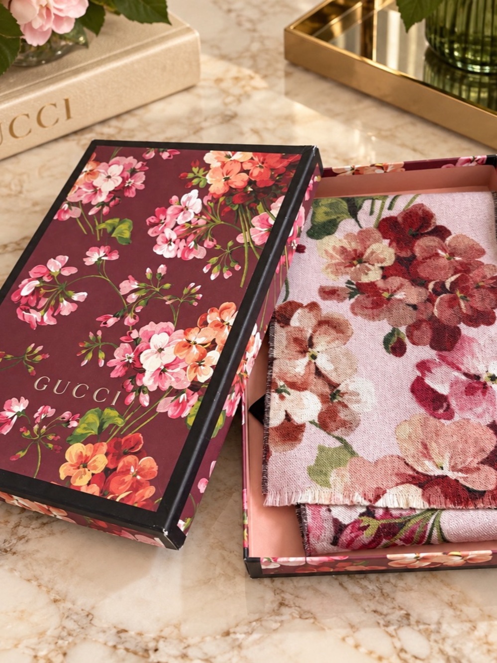 Gucci GG Blooms Pink Floral Reversible Monogram Scarf with Box